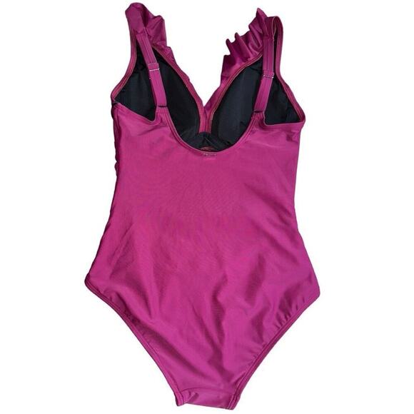 DKNY Size 10 Dark Pink Bordeaux Ruffle Plunge Tummy Control One Piece Swimsuit - Picture 3 of 7